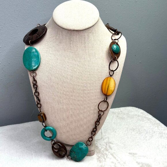 Chunky Statement Necklace Long Boho Southwestern Turquoise Color Bronze Brown - Picture 2 of 5